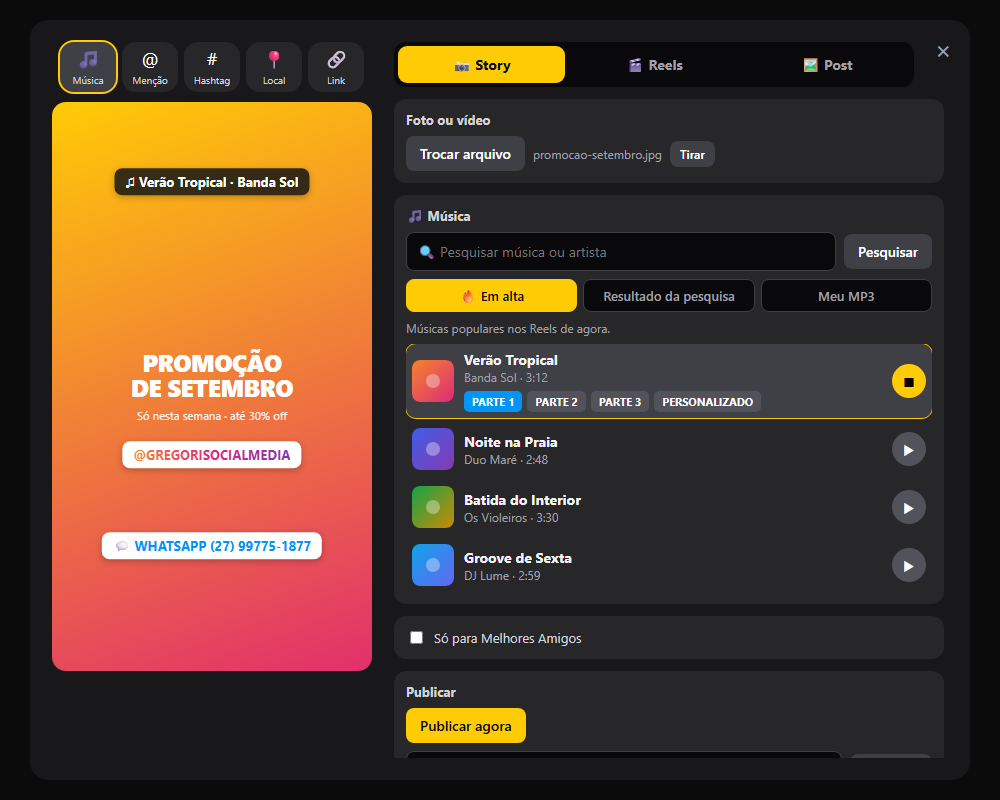 Editor do Publica+: Story com música em alta, menção e link de WhatsApp