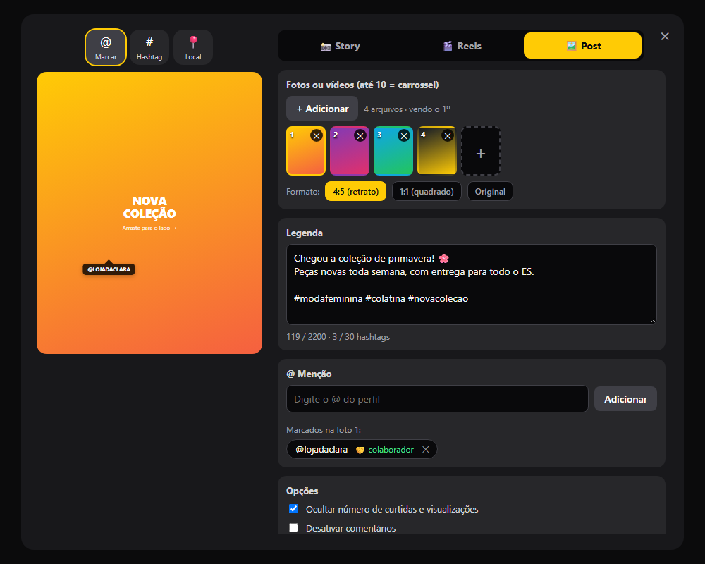 Editor do Publica+ montando um carrossel