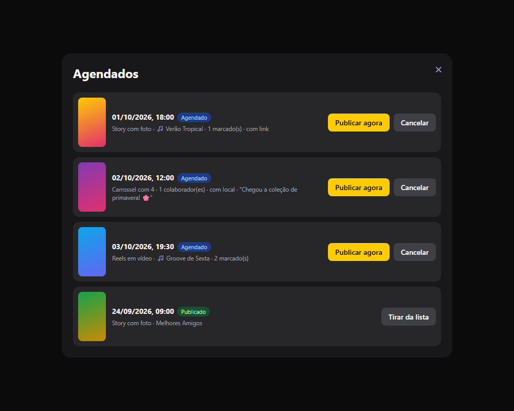 Lista de publicações agendadas no Publica+
